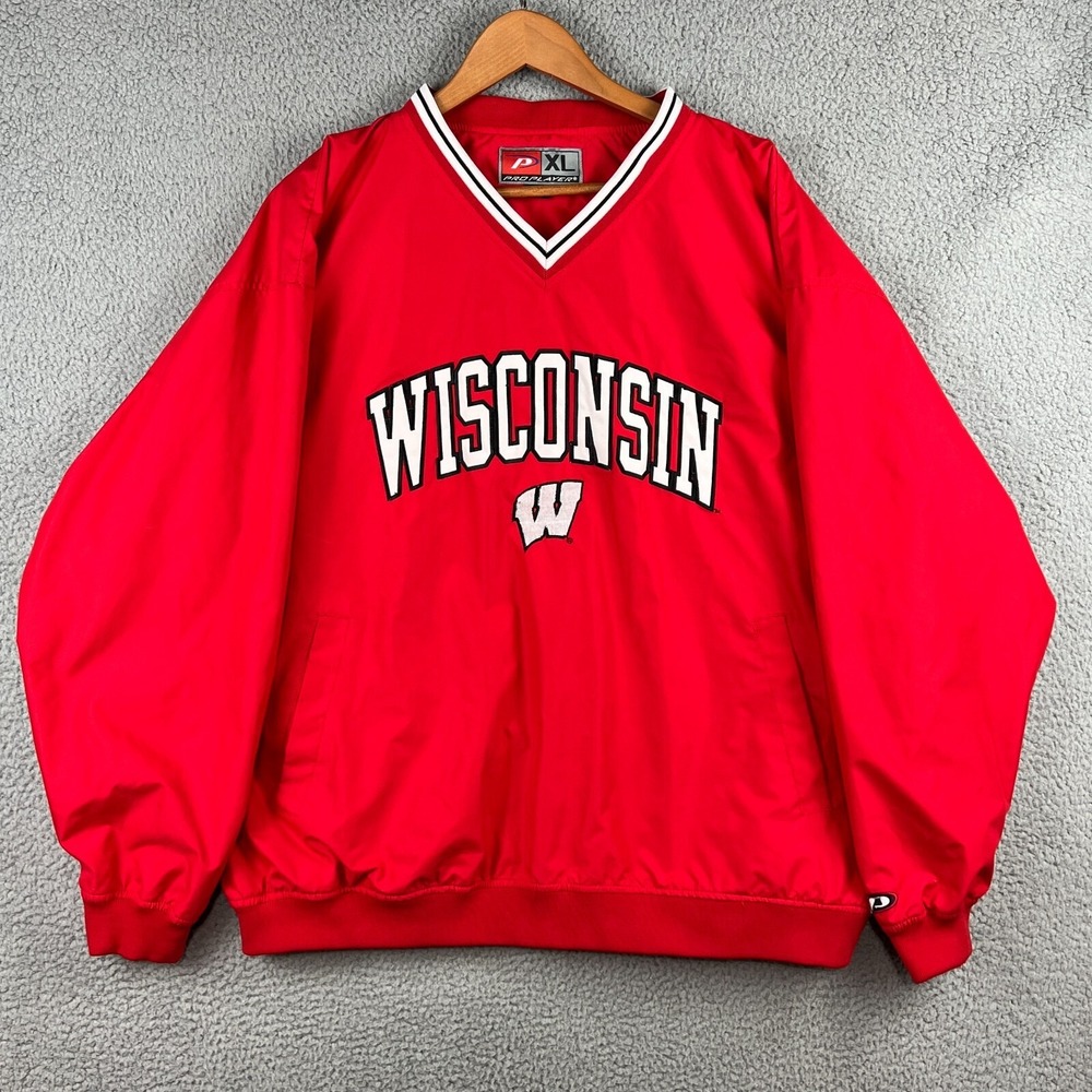 Pro Players Windbreaker Jacket Men's XL Red Embroidered Wisconsin Badgers V neck